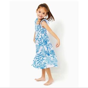 Lilly Pulitzer Girls Mini Jilly Midi Dress XL Blue White Smocked Floral Tiered
